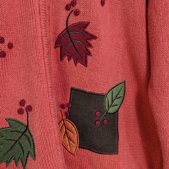 Vintage Fall Leaves Cardigan Sweater Crystal Kobe Salmon Sz M - Picture 6 of 10